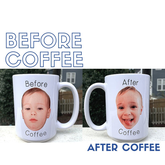 Funny Coffee Mug, personified coffee mug, before coffee mug, after coffee, before and after, baby face mug