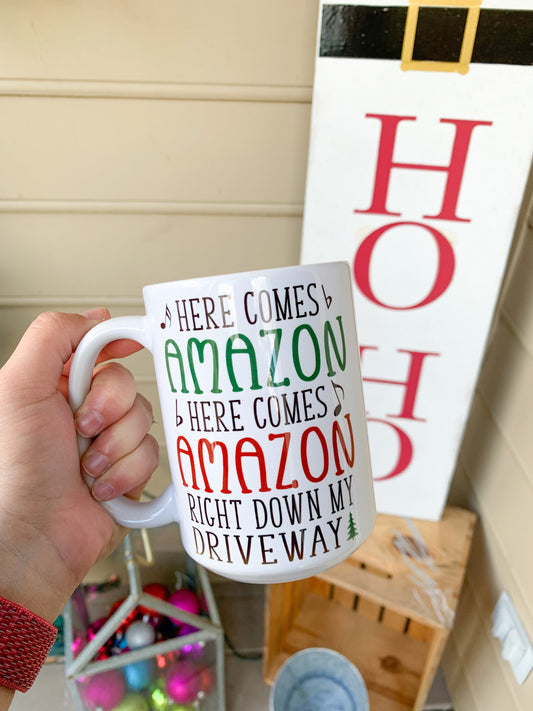 Here comes Amazon Coffee Mug, Christmas Mug, Funny Christmas Mug, Gift idea