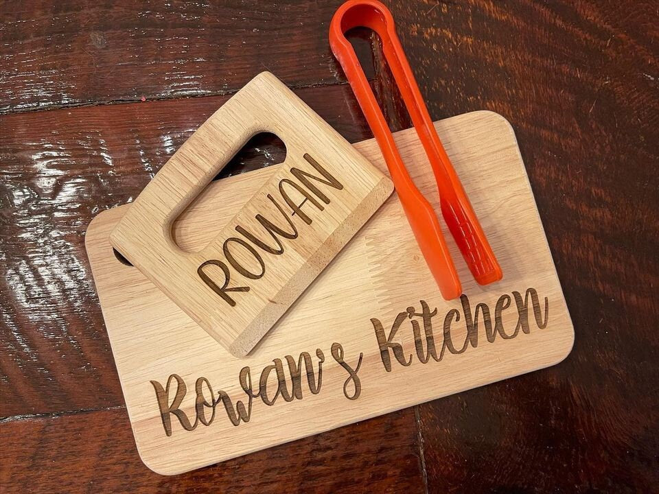 Kids Cutting board, Wood Chopper and Tongs, Kids kitchen accessories