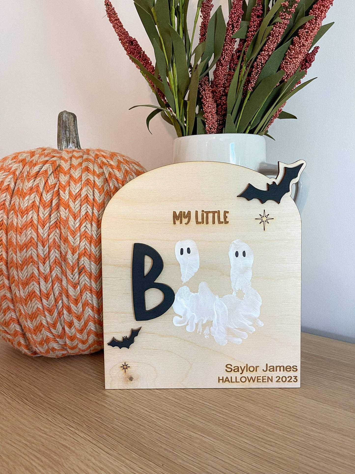 DIY Halloween Footprint Art, Baby’s First Halloween Keepsake, Personalized Footprint Wood Sign, Halloween Kid Craft, My Little Boo Sign